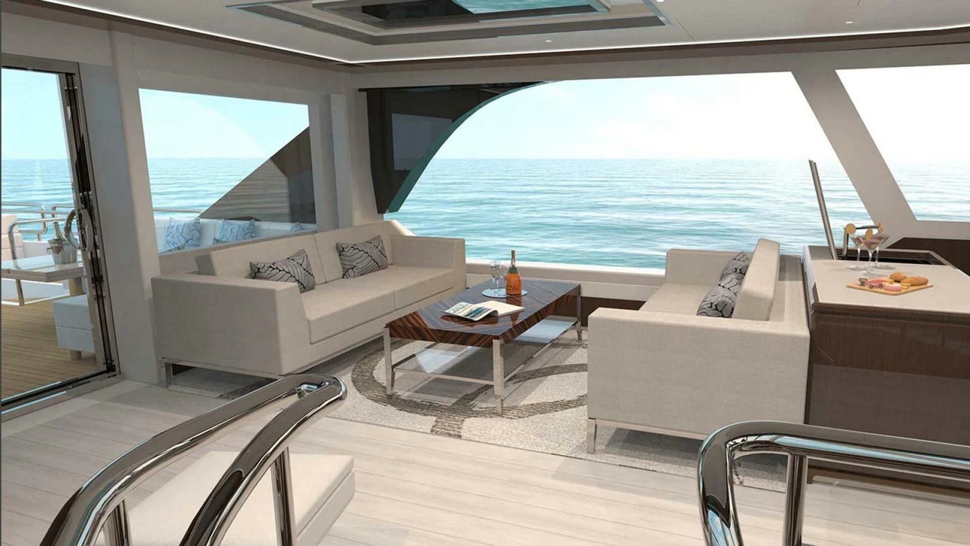 a living room with a large window aboard DRINKABILITY Yacht for Sale