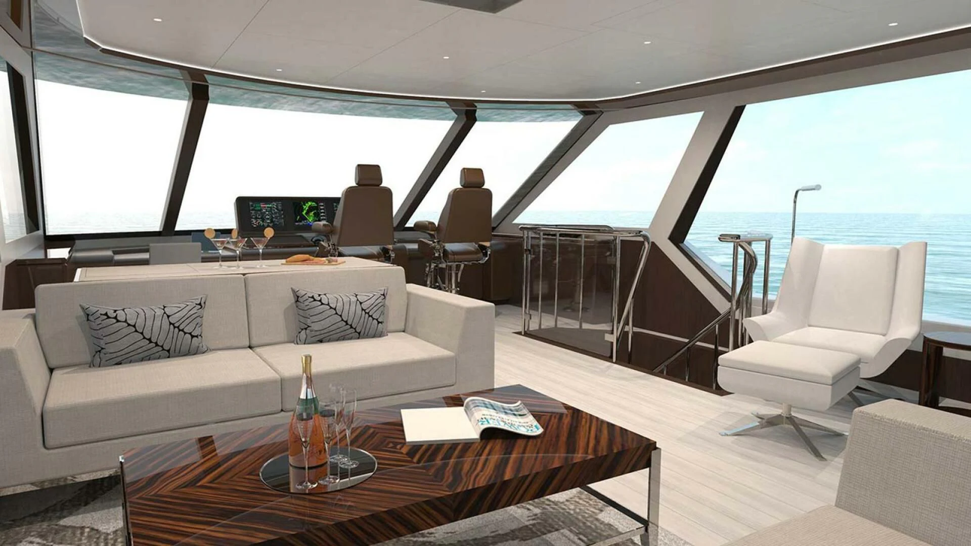 a living room with a couch and a table aboard DRINKABILITY Yacht for Sale