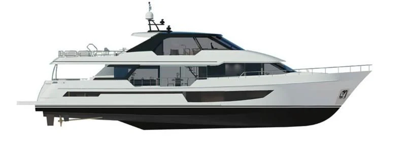 a white boat with a black stripe aboard DRINKABILITY Yacht for Sale