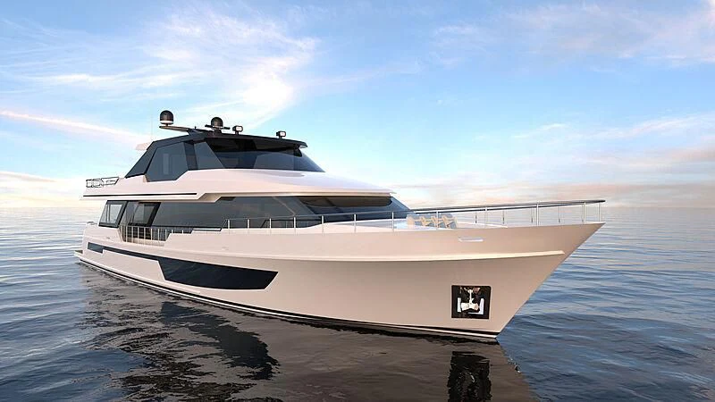 a white yacht on a beach aboard DRINKABILITY Yacht for Sale