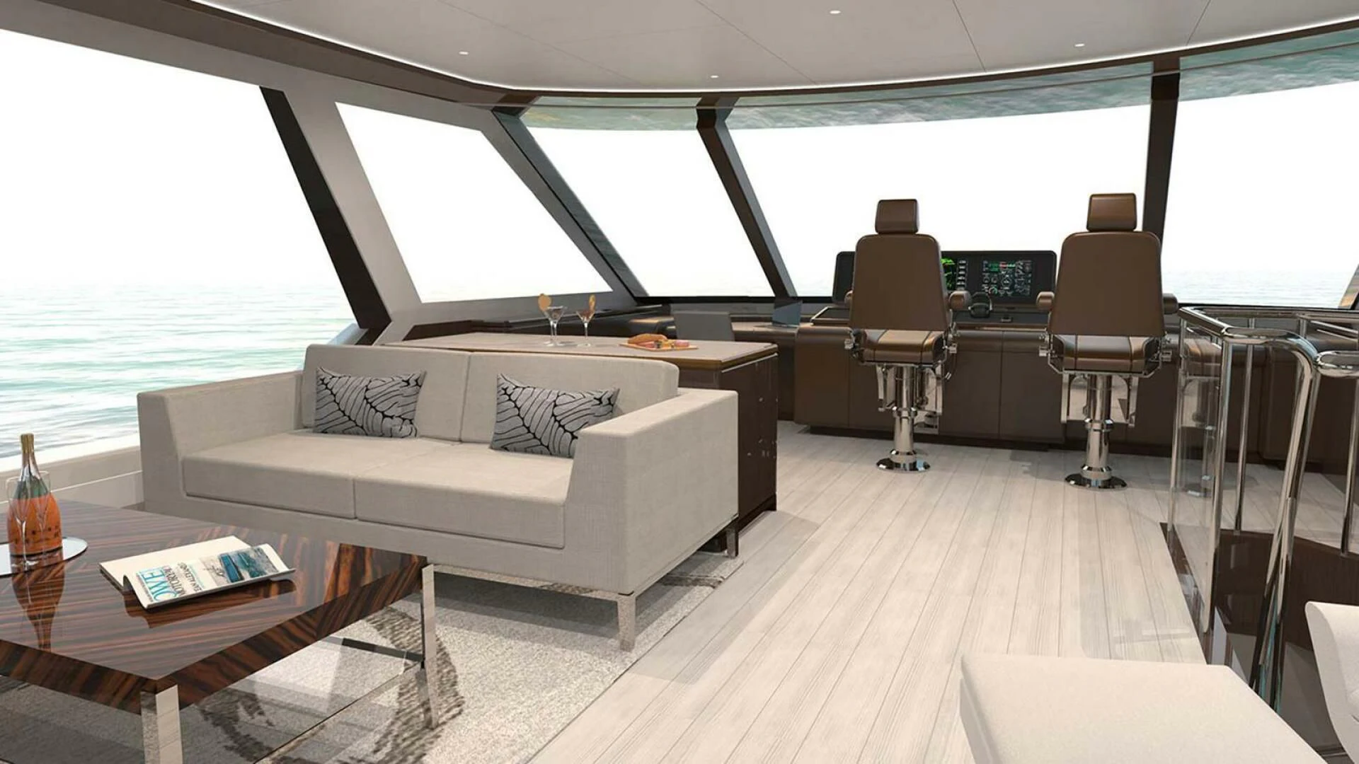 a living room with a couch and a table aboard DRINKABILITY Yacht for Sale