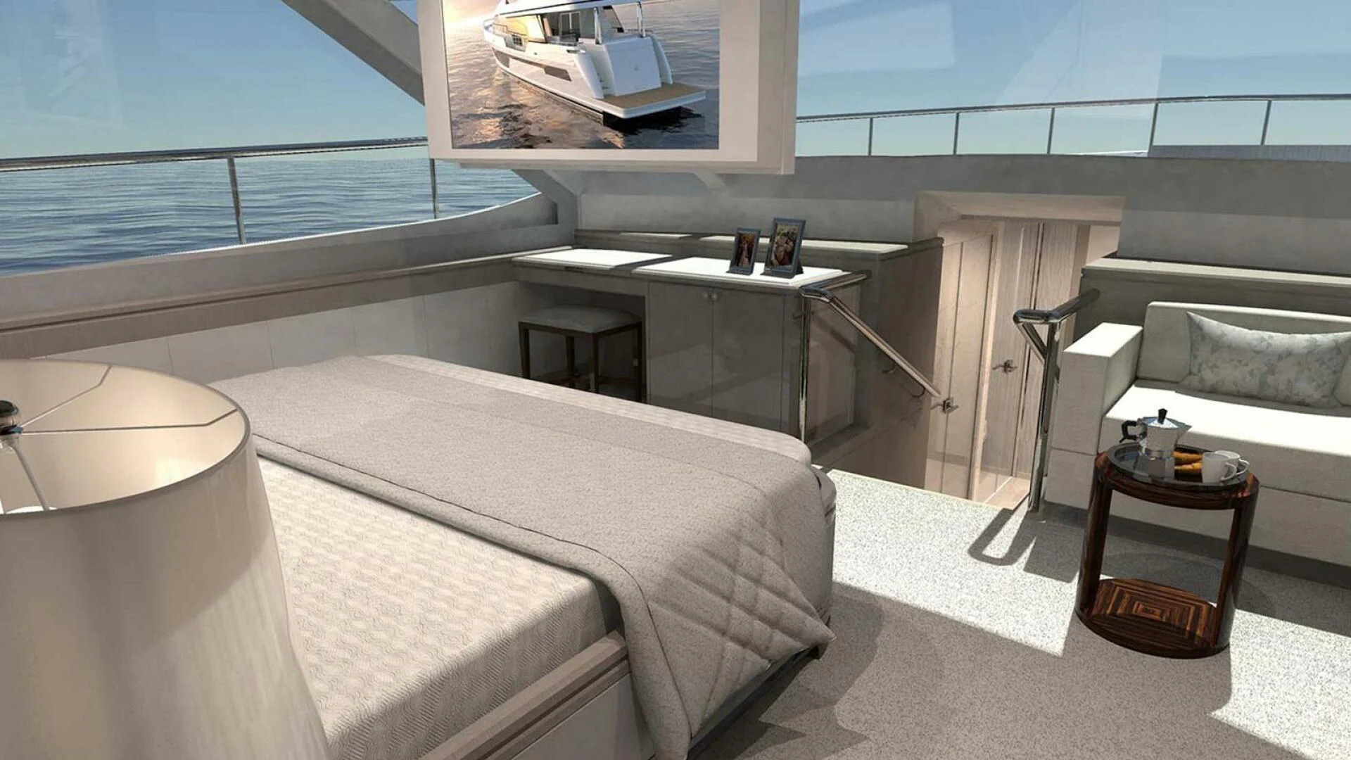 a room with a bed and a desk aboard DRINKABILITY Yacht for Sale