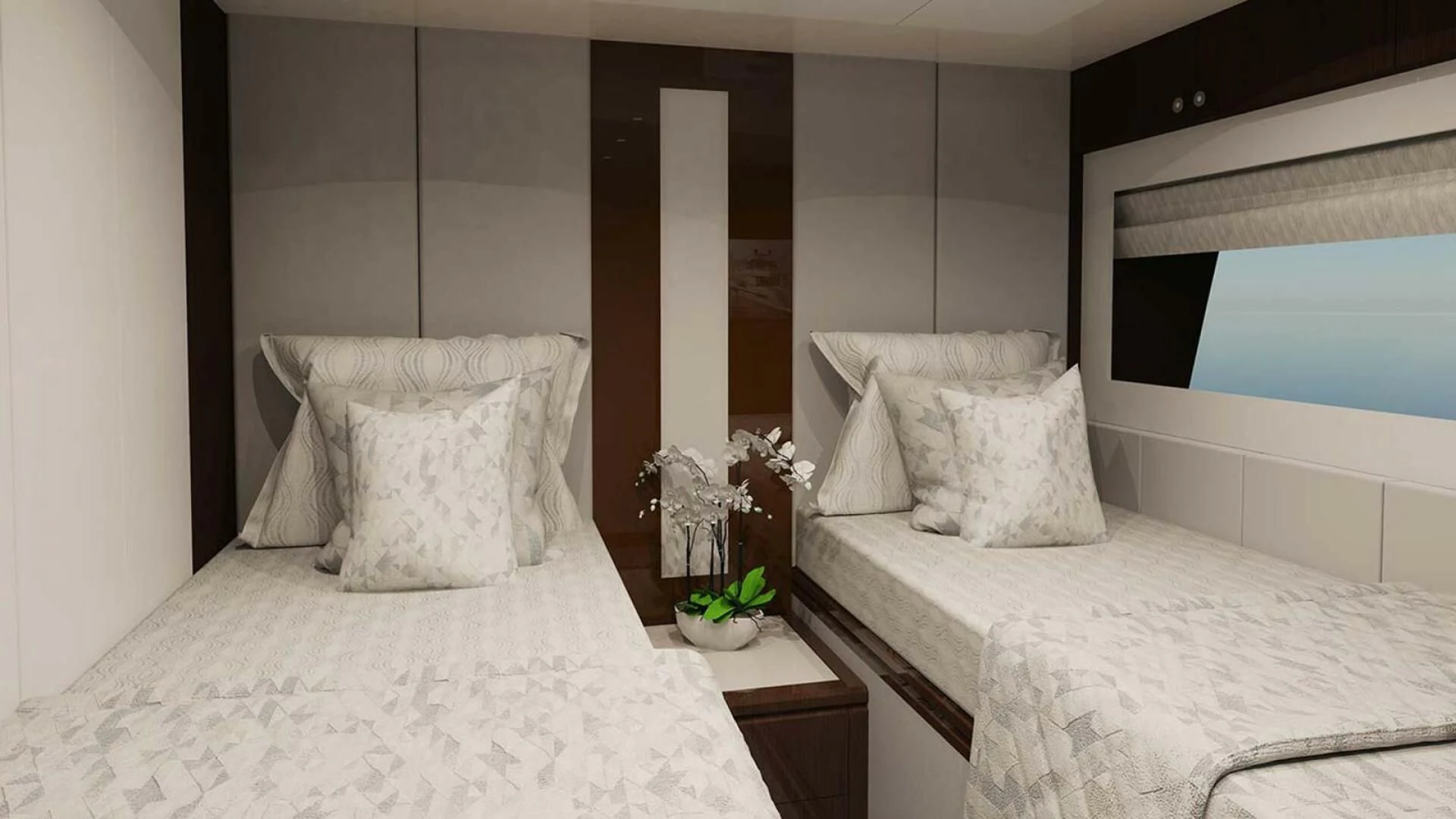 a room with two beds aboard DRINKABILITY Yacht for Sale