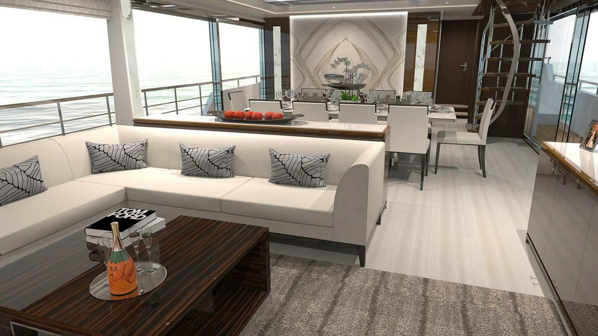 a living room with a white couch and a table aboard DRINKABILITY Yacht for Sale