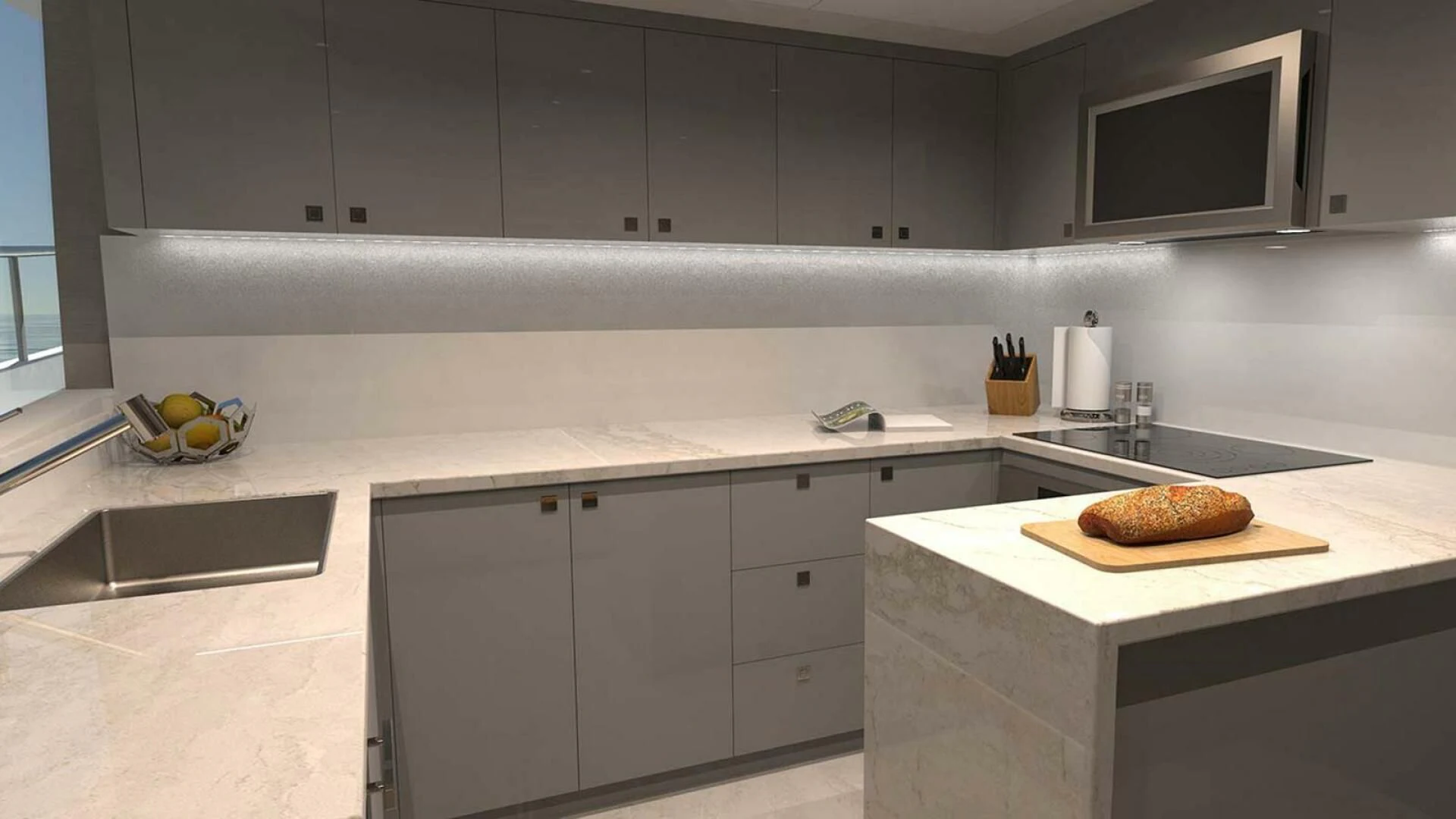 a kitchen with a large island aboard DRINKABILITY Yacht for Sale