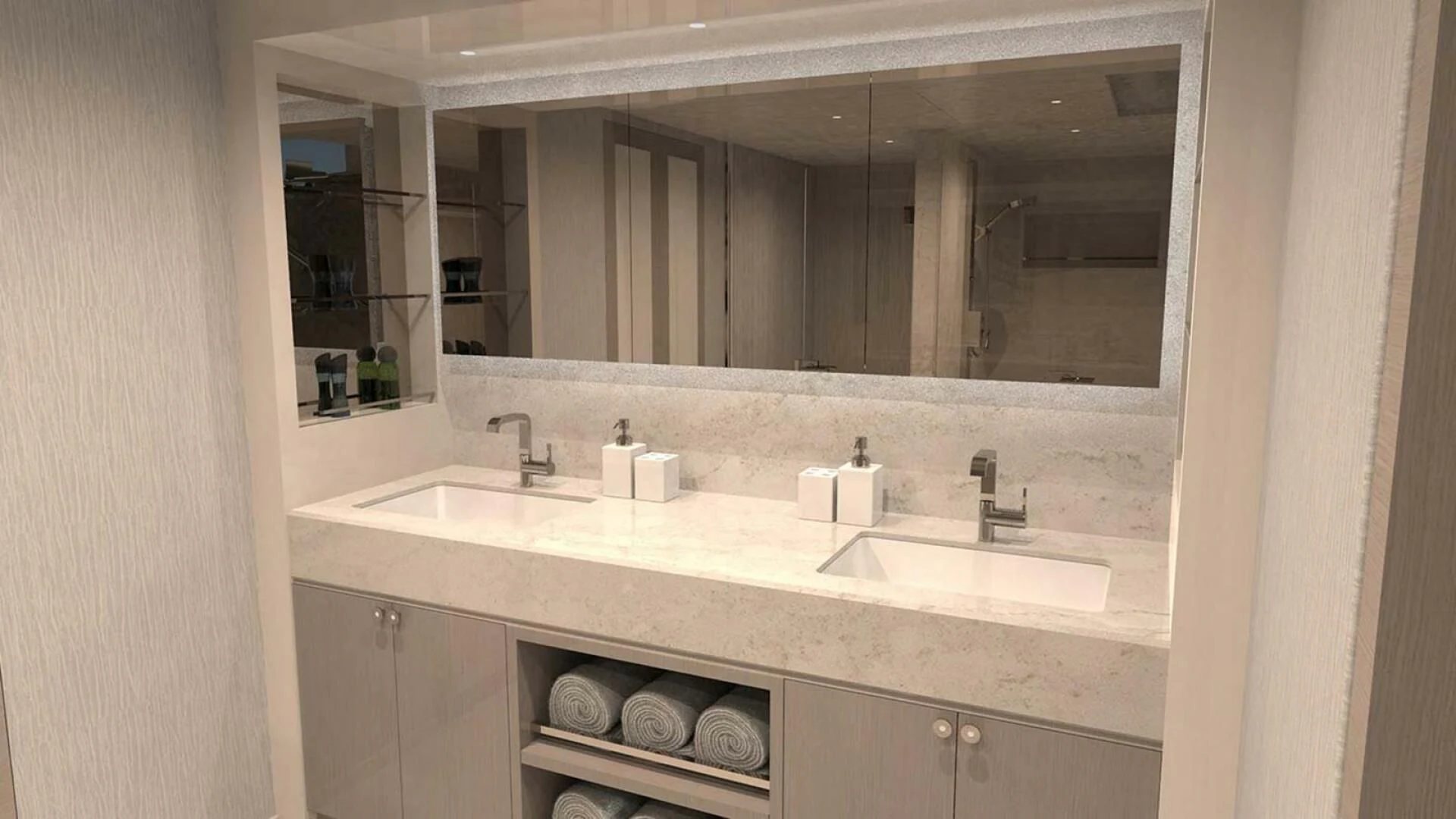 a bathroom with two sinks aboard DRINKABILITY Yacht for Sale