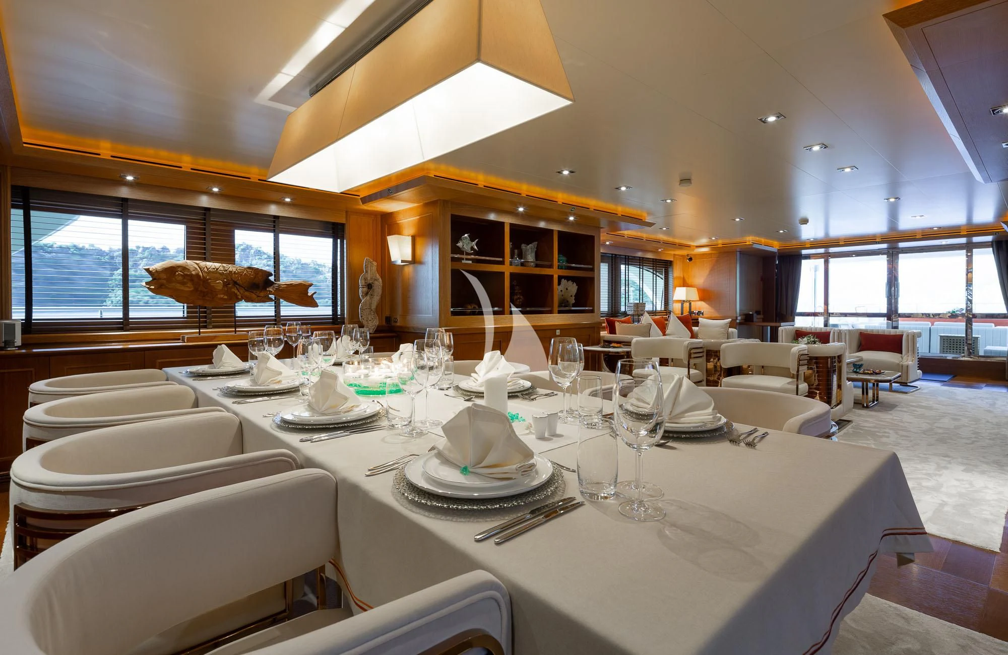 a large dining room with tables and chairs aboard LADY I Yacht for Charter