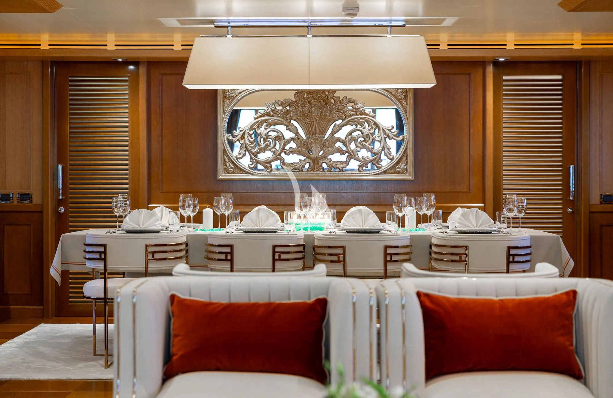 a room with a large chandelier aboard LADY I Yacht for Charter