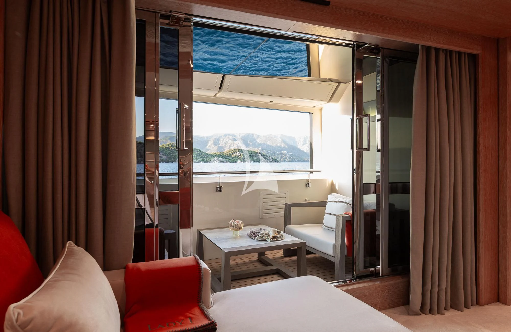 a room with a table and chairs aboard LADY I Yacht for Charter