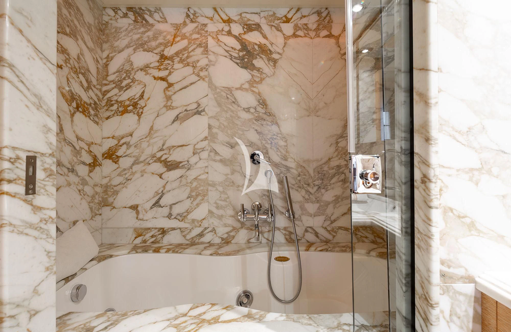 a bathtub with a shower curtain aboard LADY I Yacht for Charter
