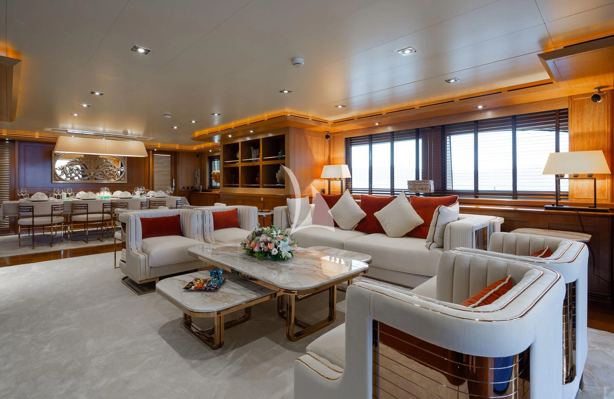 a living room with a large window aboard LADY I Yacht for Charter