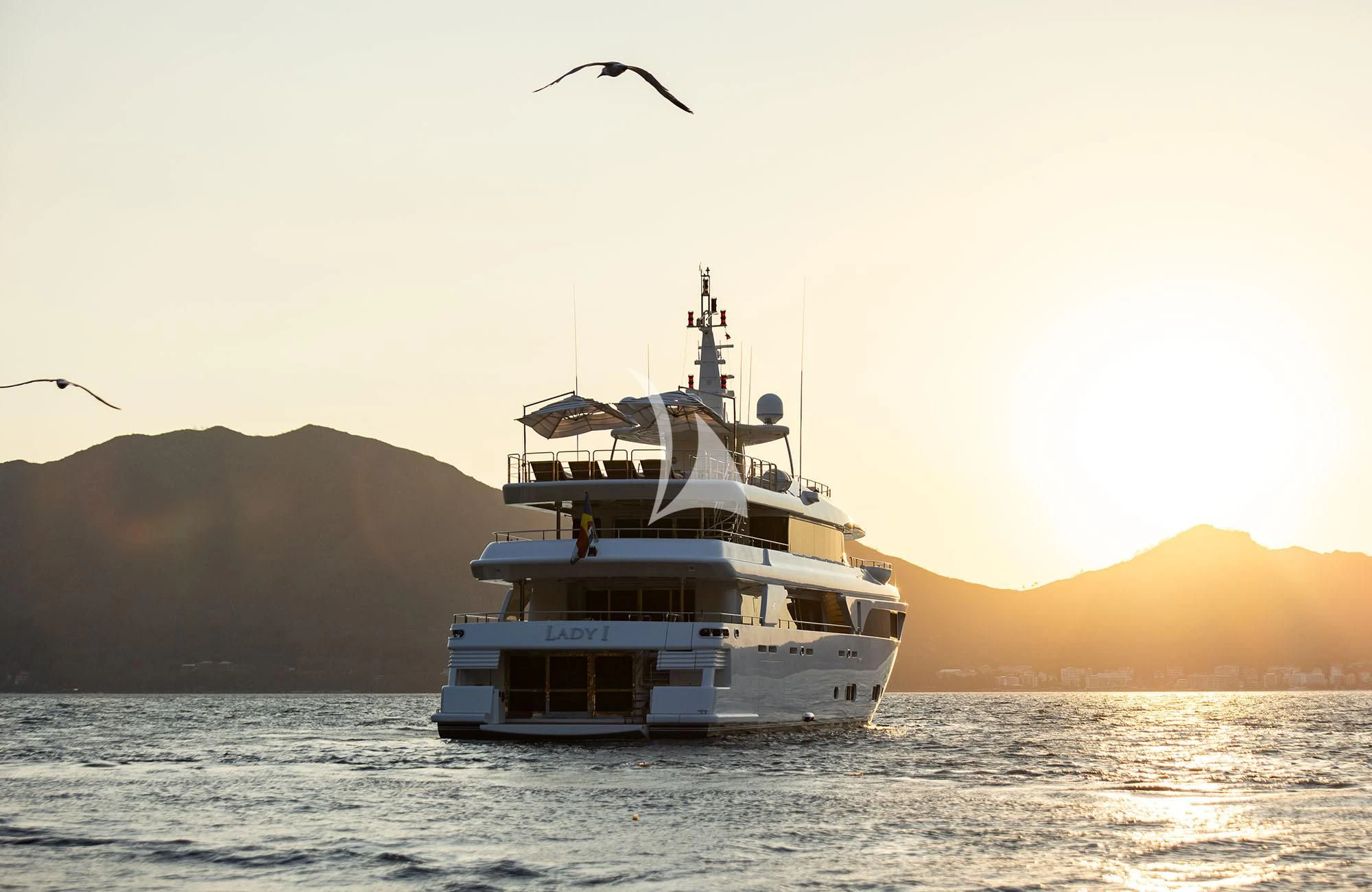 a boat in the water with a bird flying above aboard LADY I Yacht for Charter