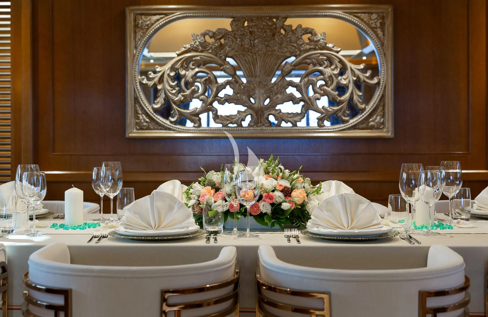 a table set for a formal dinner aboard LADY I Yacht for Charter
