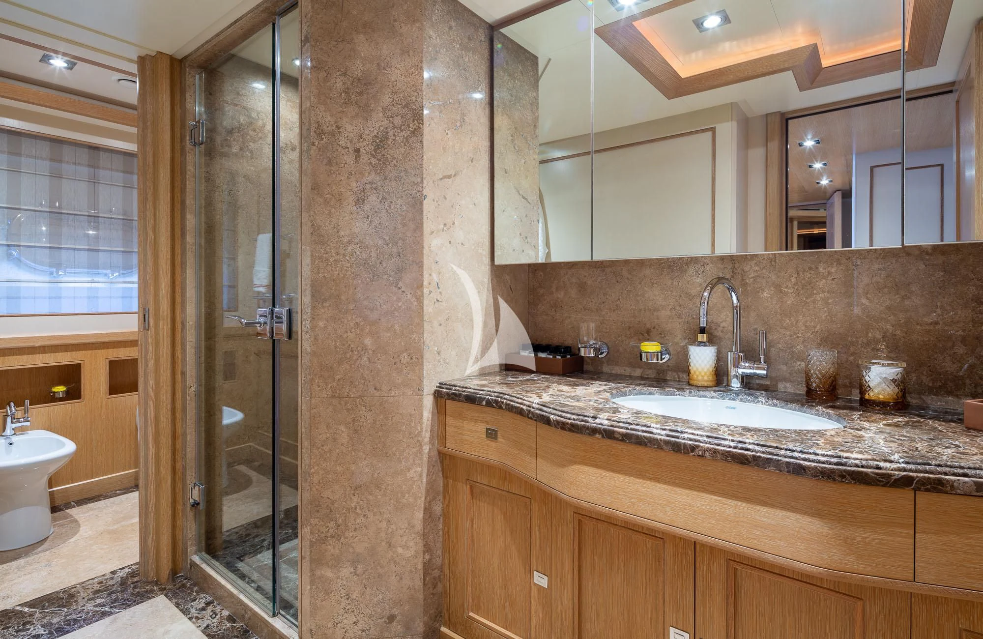 a bathroom with a marble shower aboard LADY I Yacht for Charter