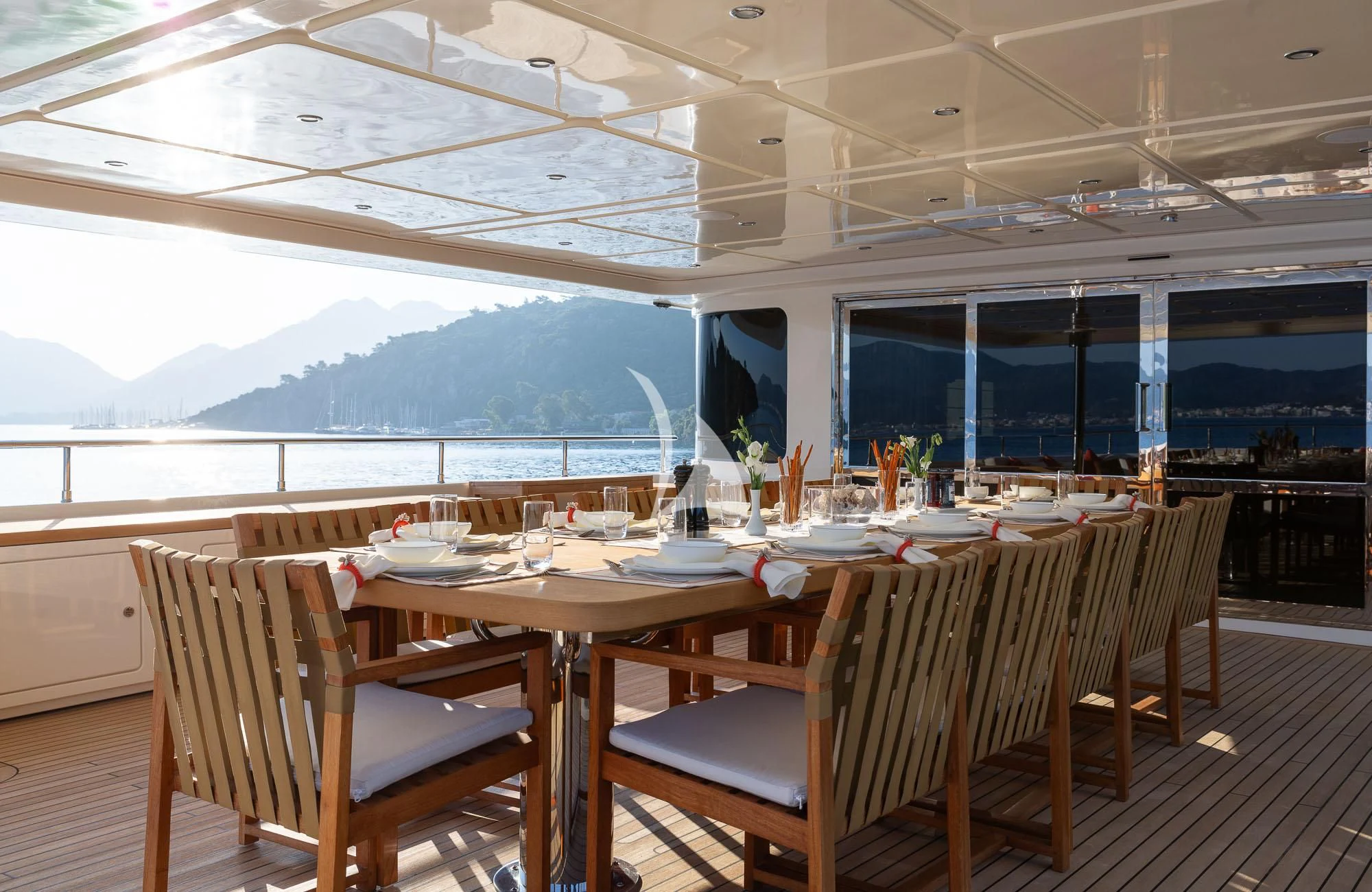 a table set for a meal aboard LADY I Yacht for Charter