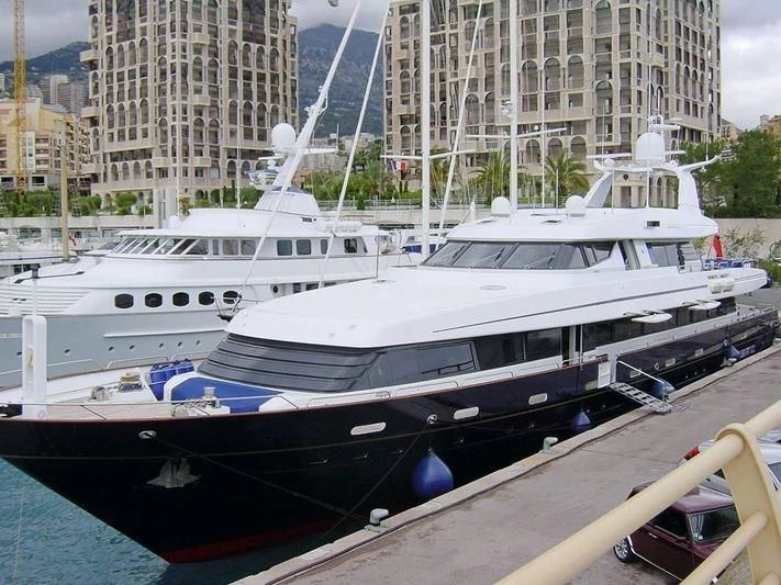 a group of boats are parked in a harbor aboard ASTRA ULTIMA Yacht for Sale