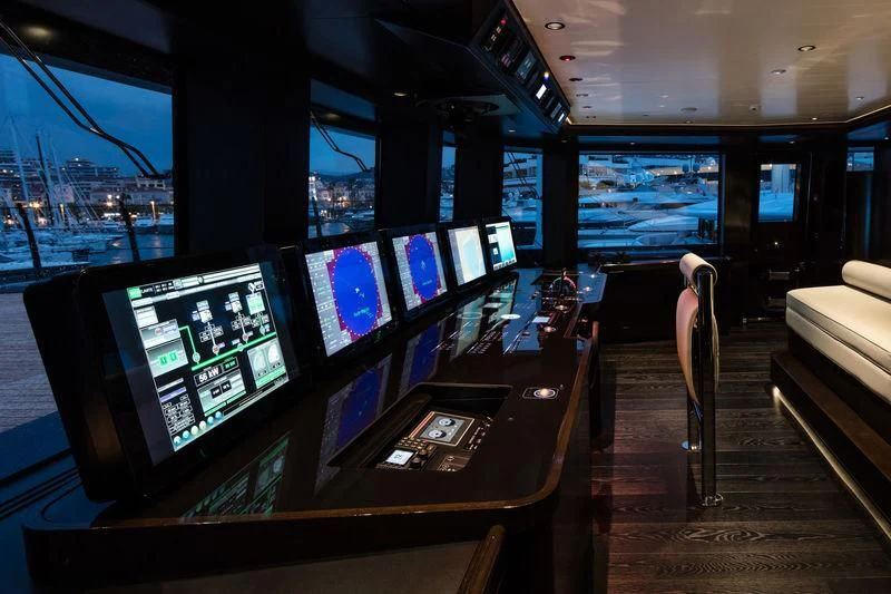 a row of computer screens aboard ATLANTE Yacht for Sale