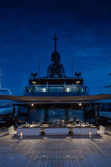 a large ship with a statue on it aboard ATLANTE Yacht for Sale