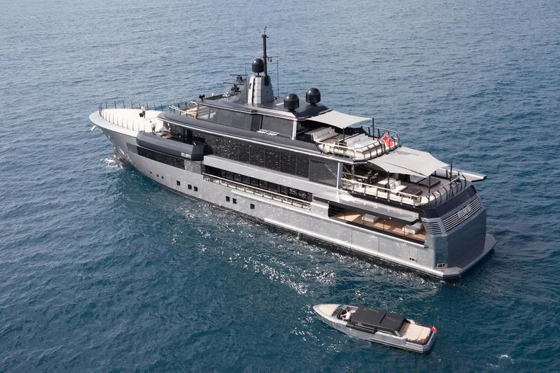 a large ship with a smaller boat on it aboard ATLANTE Yacht for Sale
