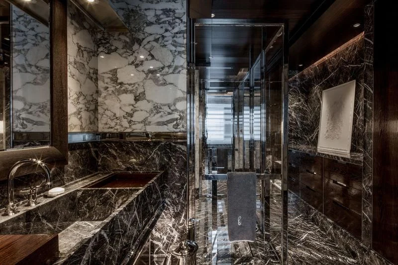 a bathroom with a glass shower aboard ATLANTE Yacht for Sale