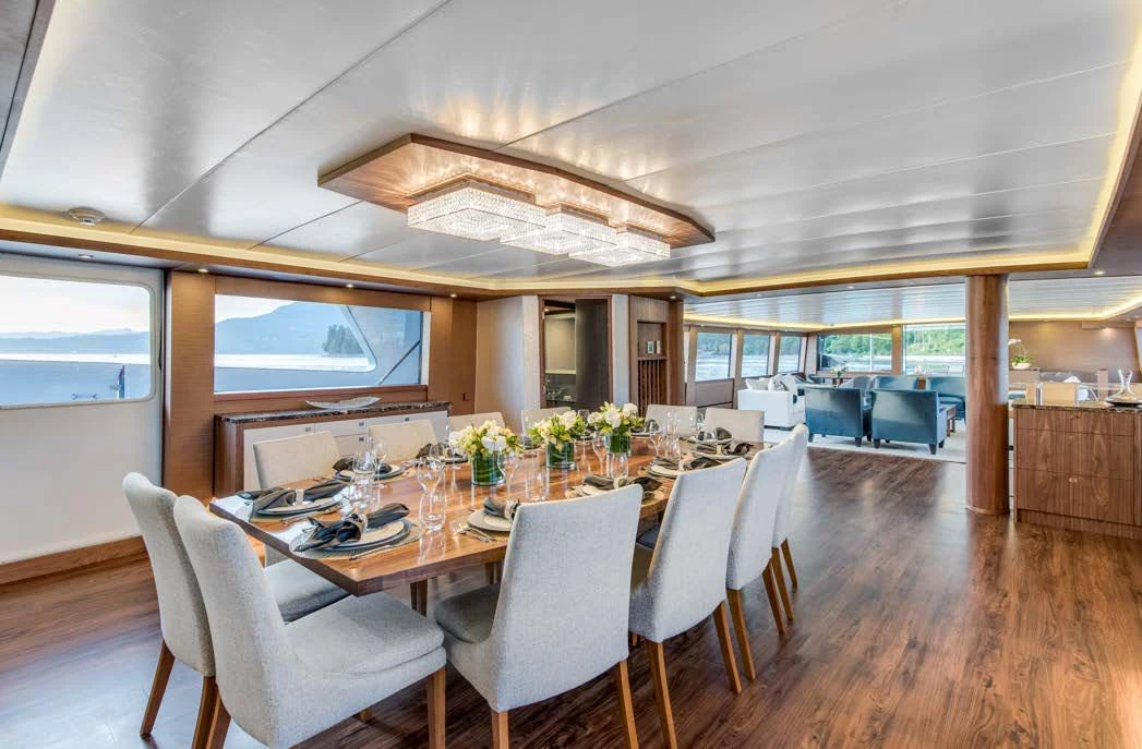 a large dining table in a kitchen aboard ASCENTE Yacht for Charter