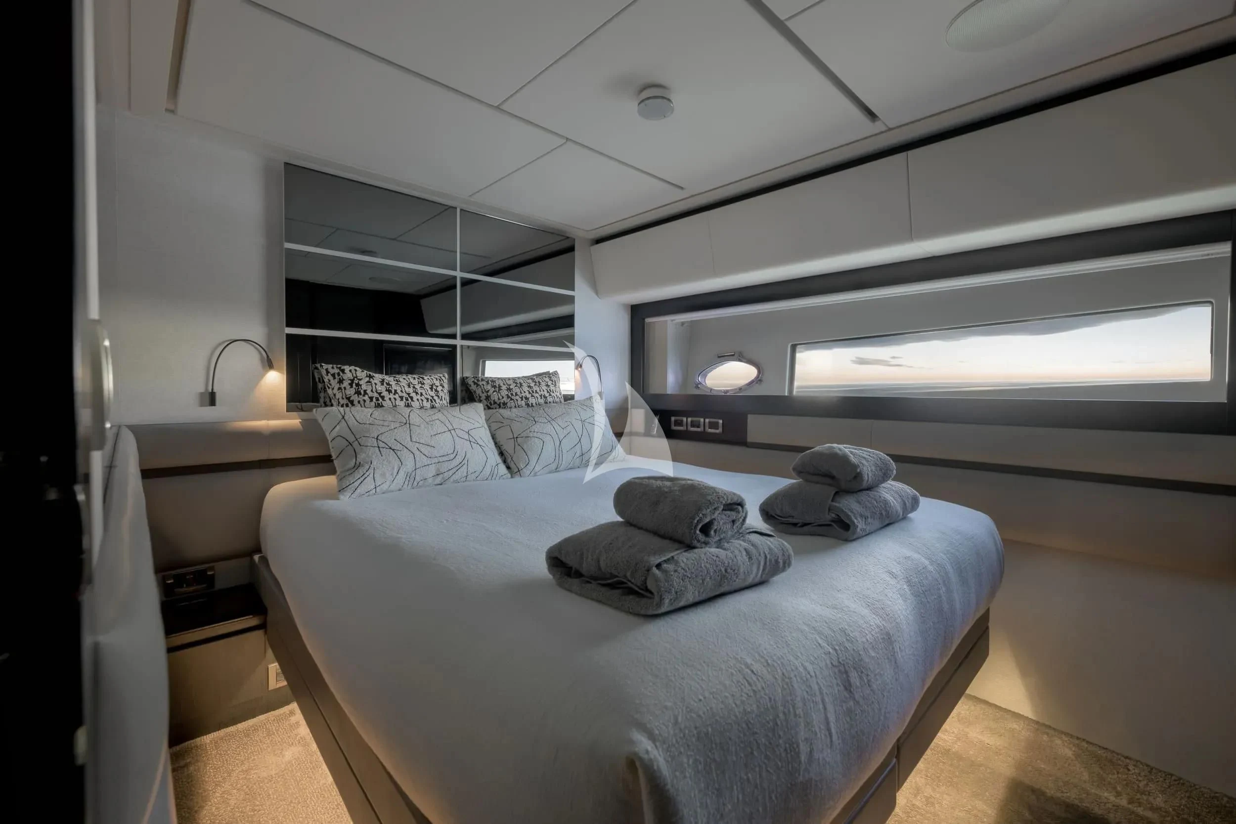a bedroom with a bed aboard JUST 4 Yacht for Sale