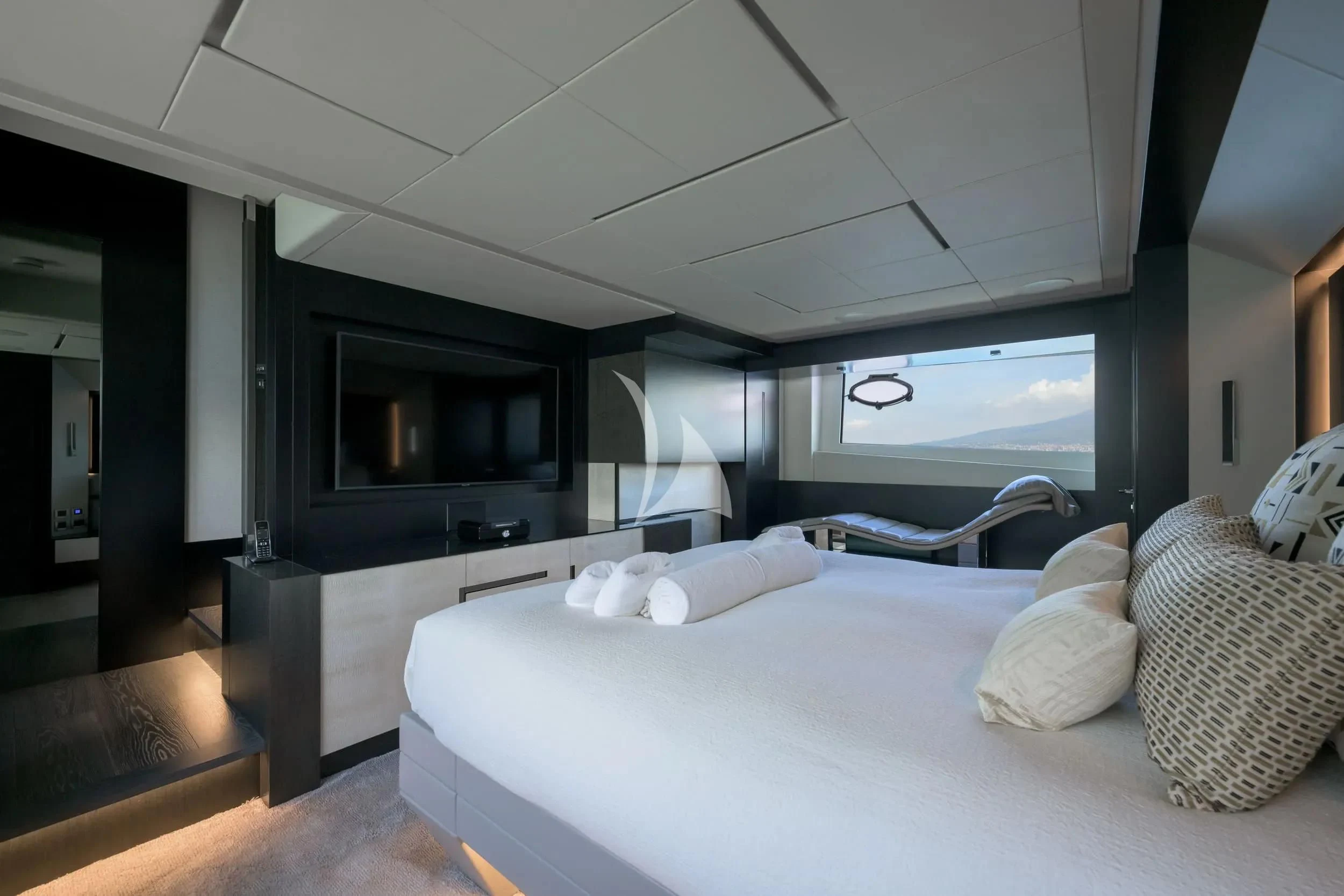 a bedroom with a large bed aboard JUST 4 Yacht for Sale