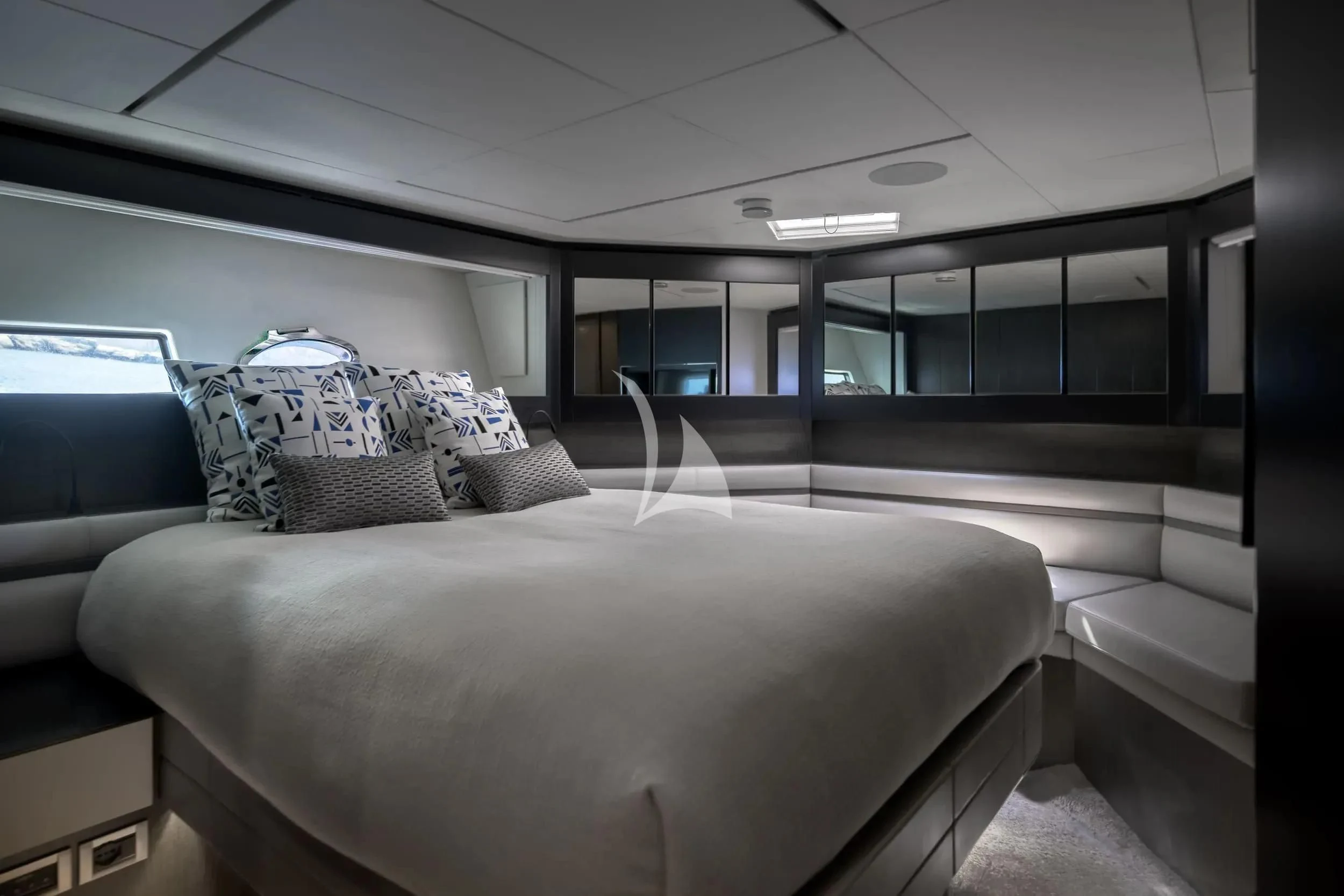 a white bed in a room aboard JUST 4 Yacht for Sale