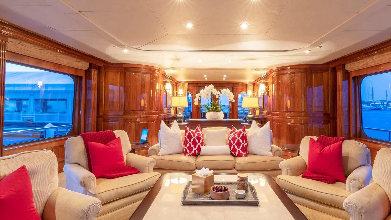 a living room with a large window aboard POPEYE Yacht for Sale