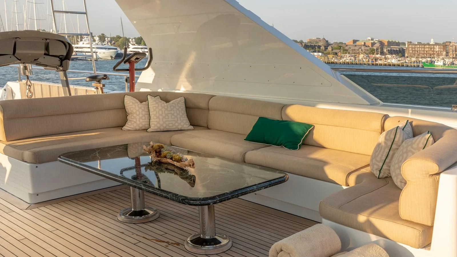 a couch and a table on a boat aboard POPEYE Yacht for Sale