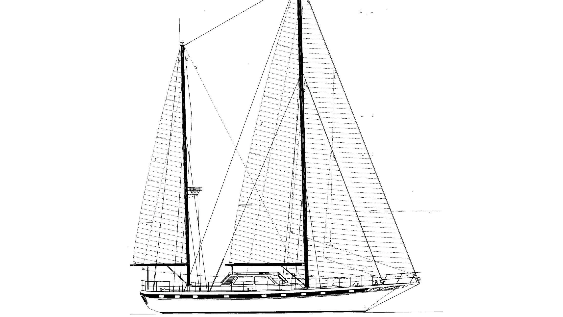 a black and white drawing of a sailboat aboard ISABEL Yacht for Sale