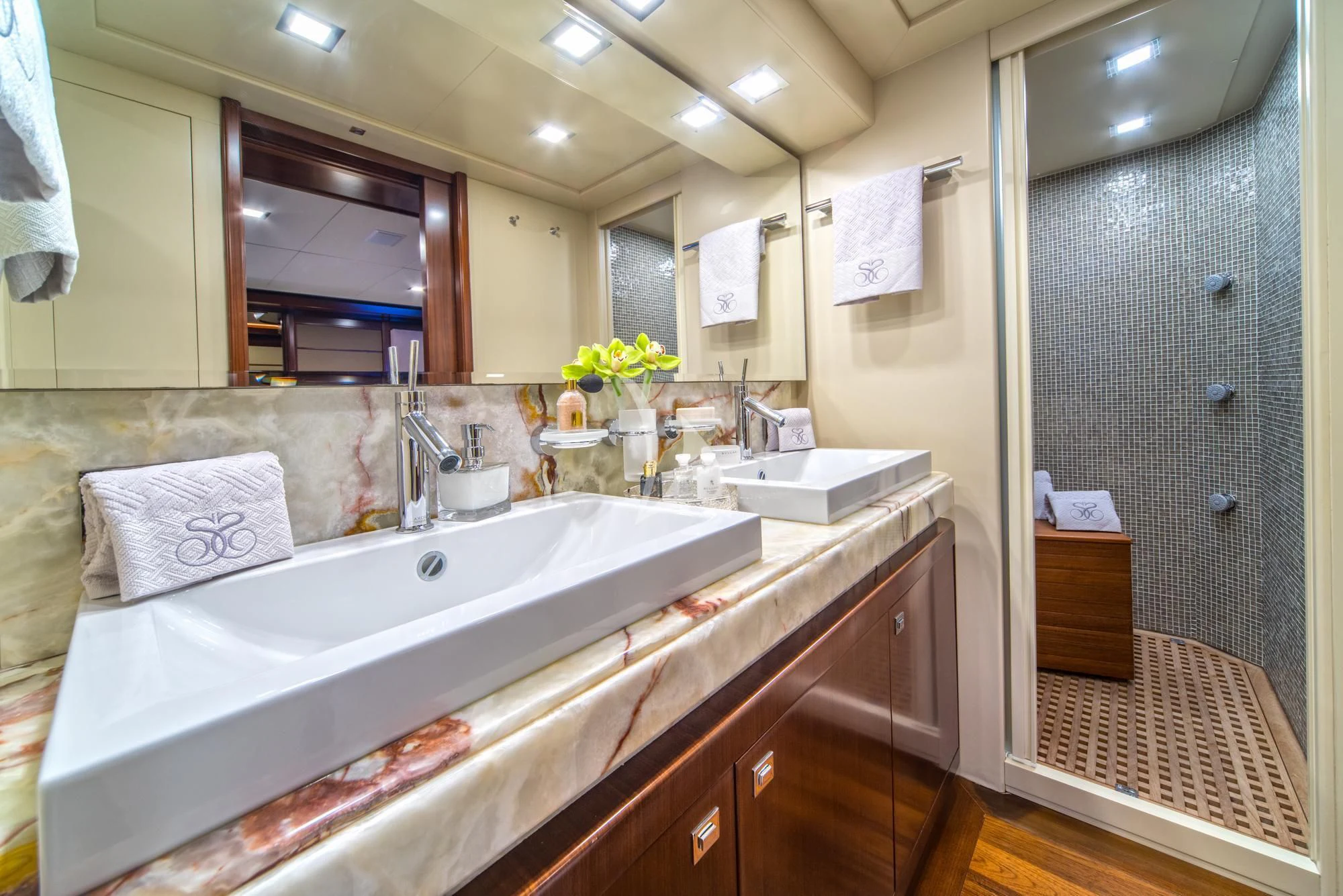 a bathroom with a large countertop aboard SEVENTH SENSE Yacht for Charter