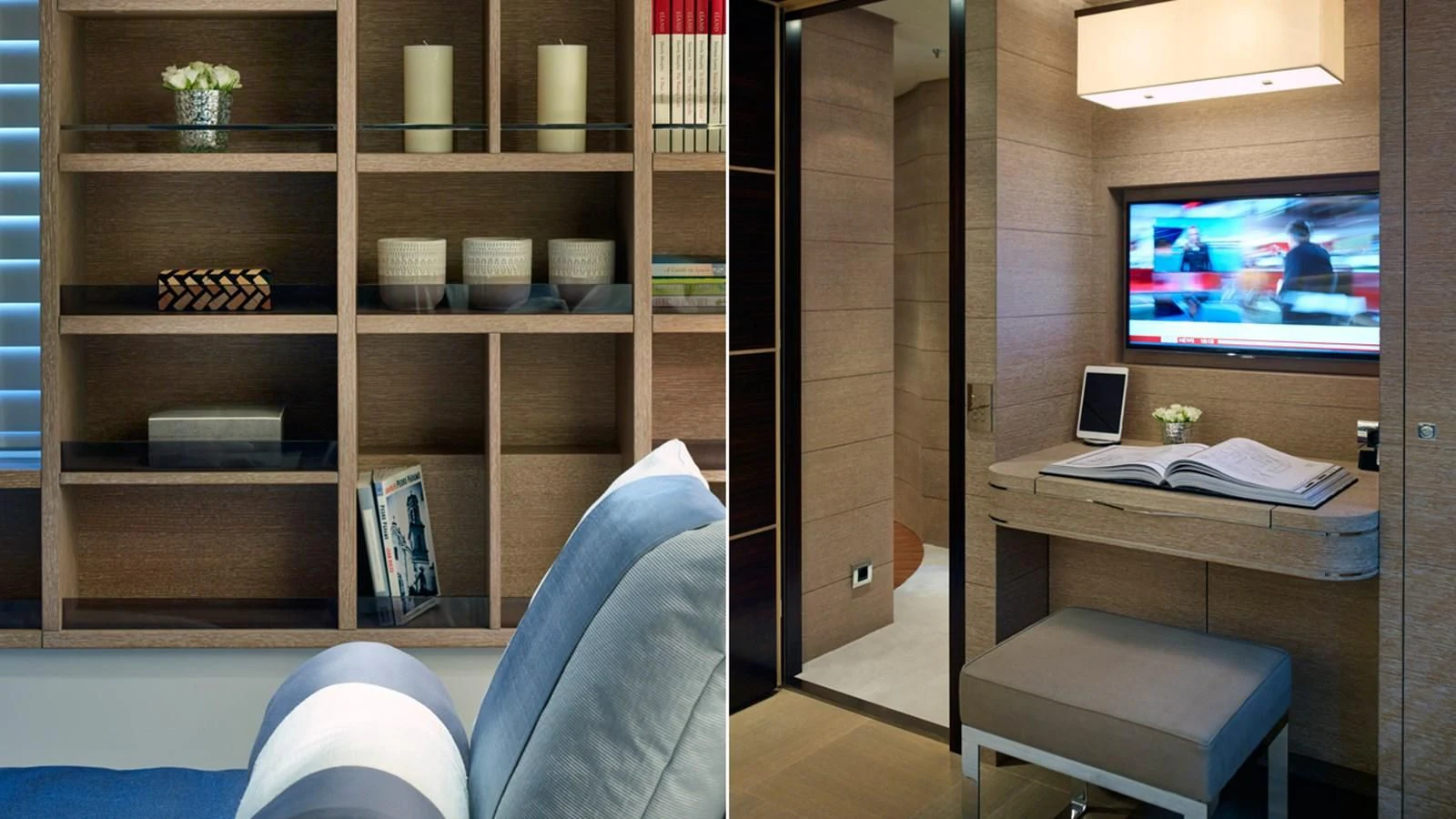 a room with a tv and a shelf with books aboard ASYA Yacht for Sale