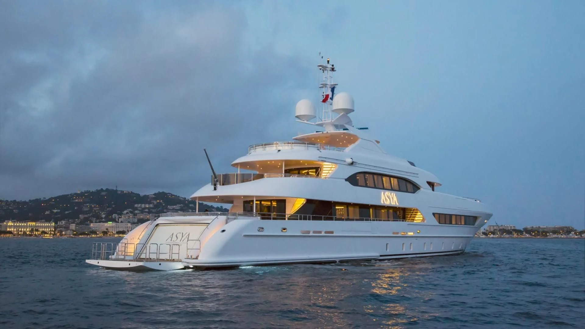 a large white ship on the water aboard ASYA Yacht for Sale