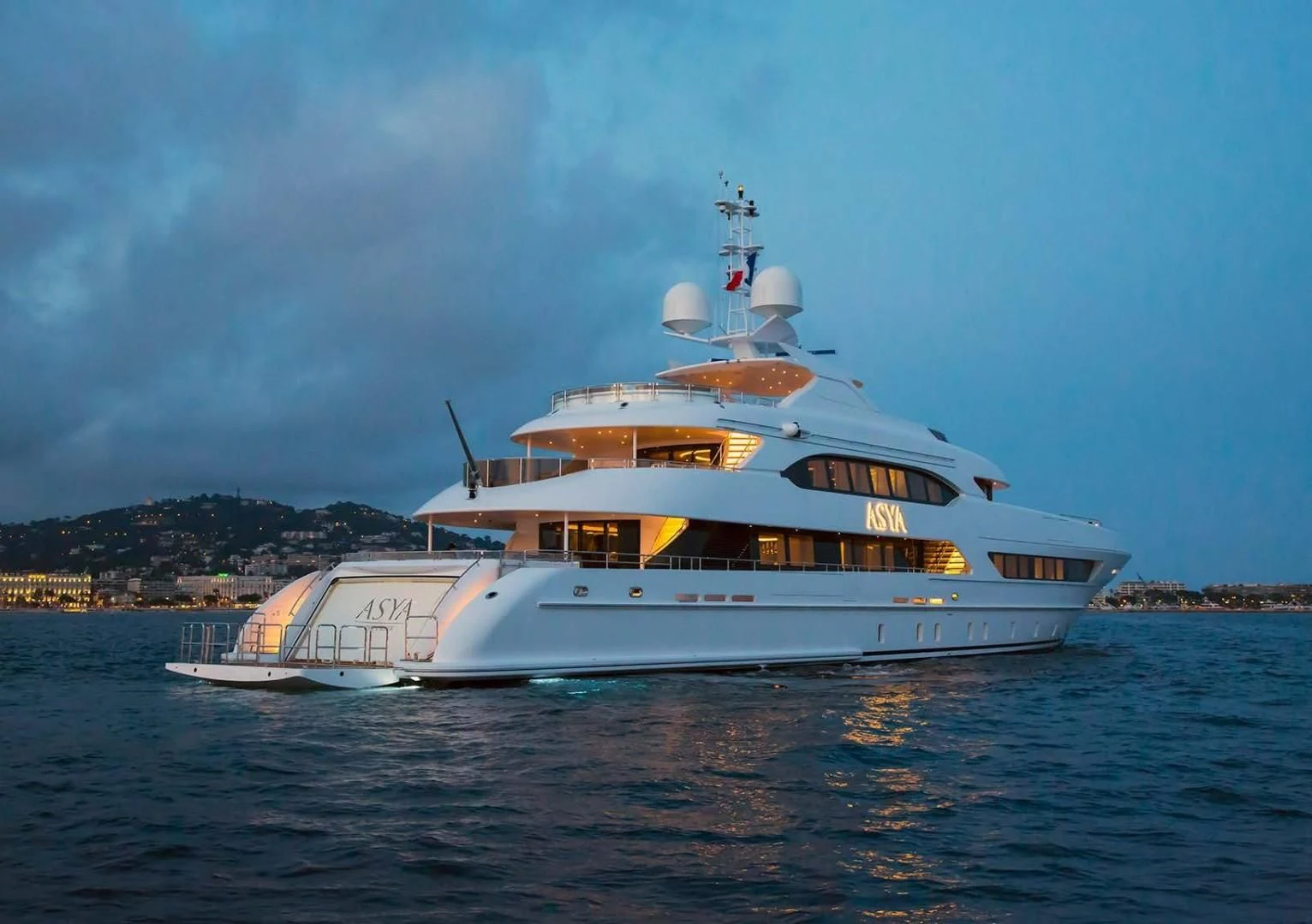 a large white boat on the water aboard ASYA Yacht for Sale