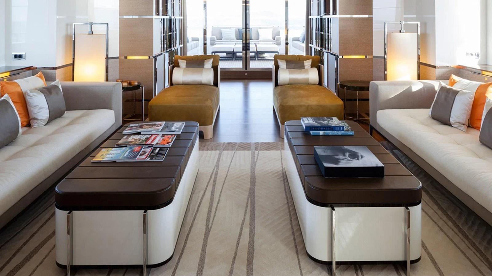 a living room with a couch and coffee table aboard ASYA Yacht for Sale