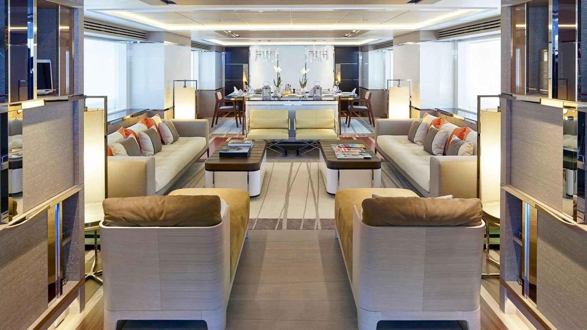 a living room with a couch and a coffee table aboard ASYA Yacht for Sale