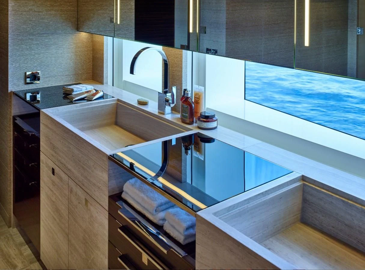 a kitchen with a large window aboard ASYA Yacht for Sale