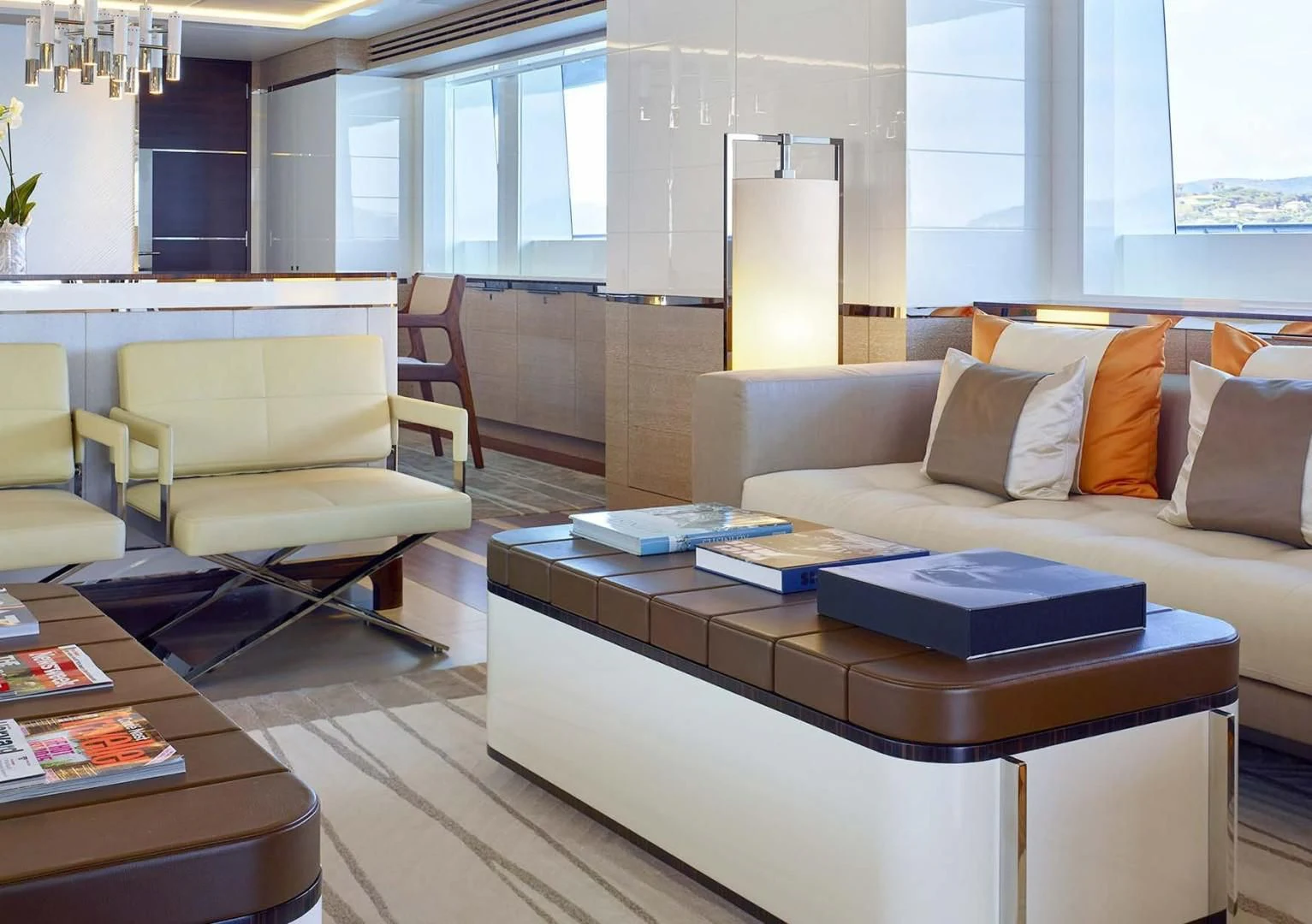 a living room with a couch and a coffee table aboard ASYA Yacht for Sale