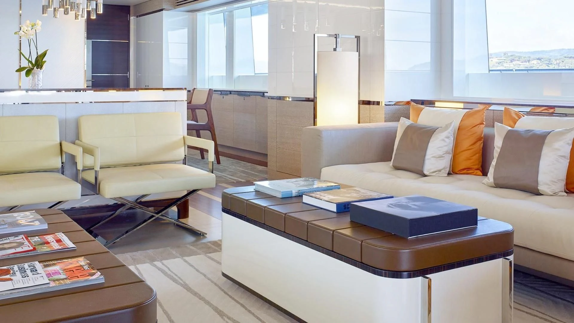 a living room with a couch and a coffee table aboard ASYA Yacht for Sale