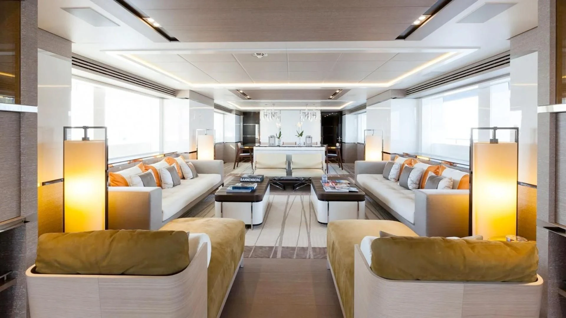 a living room with white couches aboard ASYA Yacht for Sale