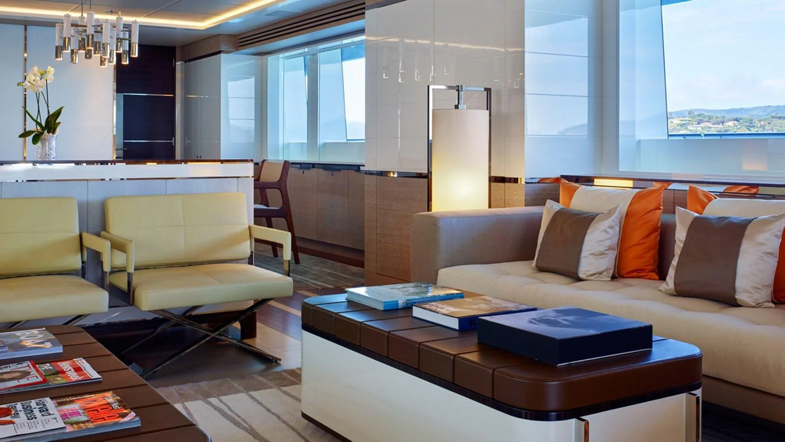 a living room with a couch and a coffee table aboard ASYA Yacht for Sale