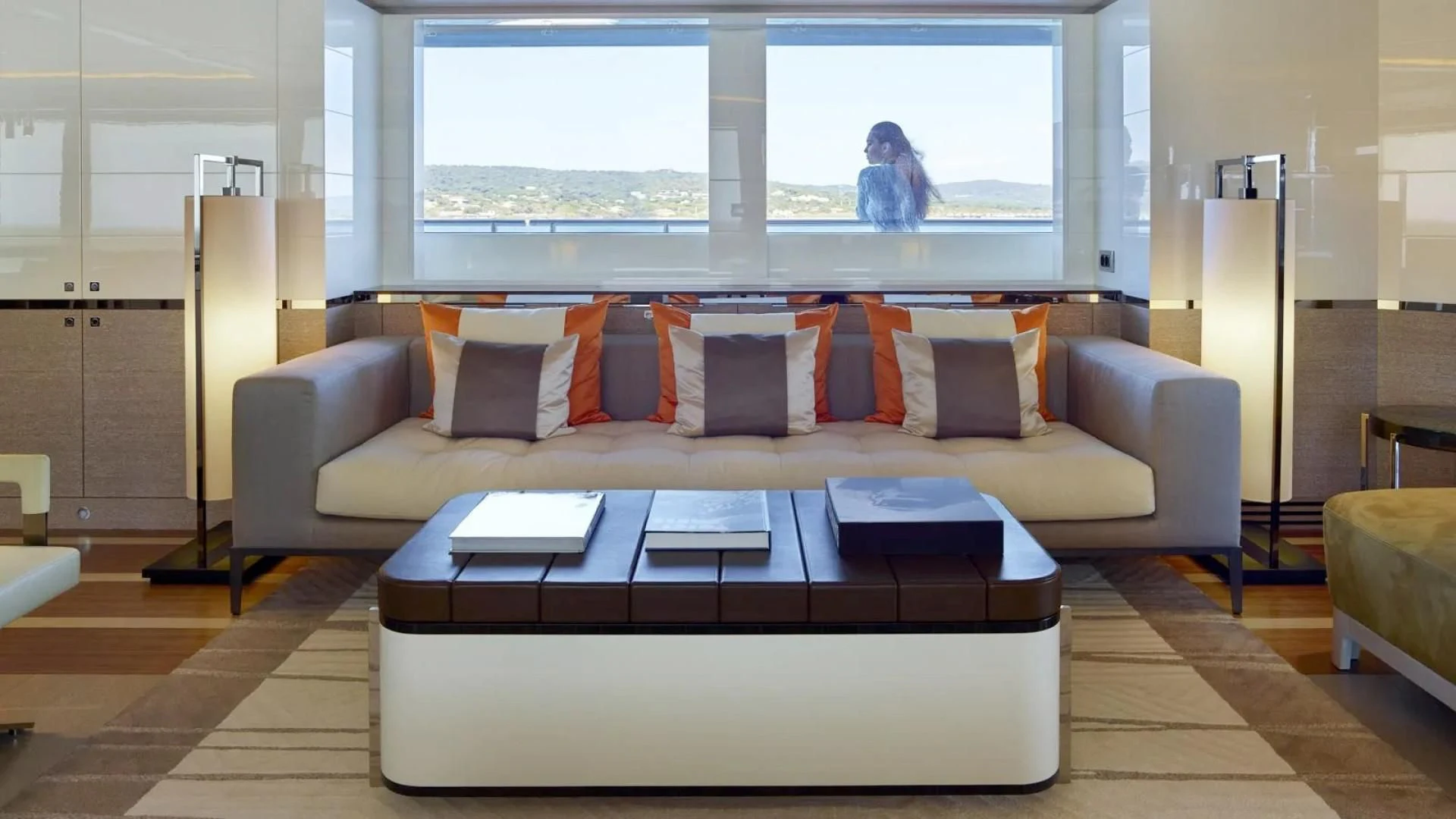a couch and a table in a room aboard ASYA Yacht for Sale