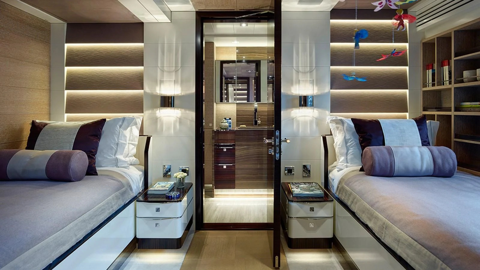 a room with a bed and a couch aboard ASYA Yacht for Sale