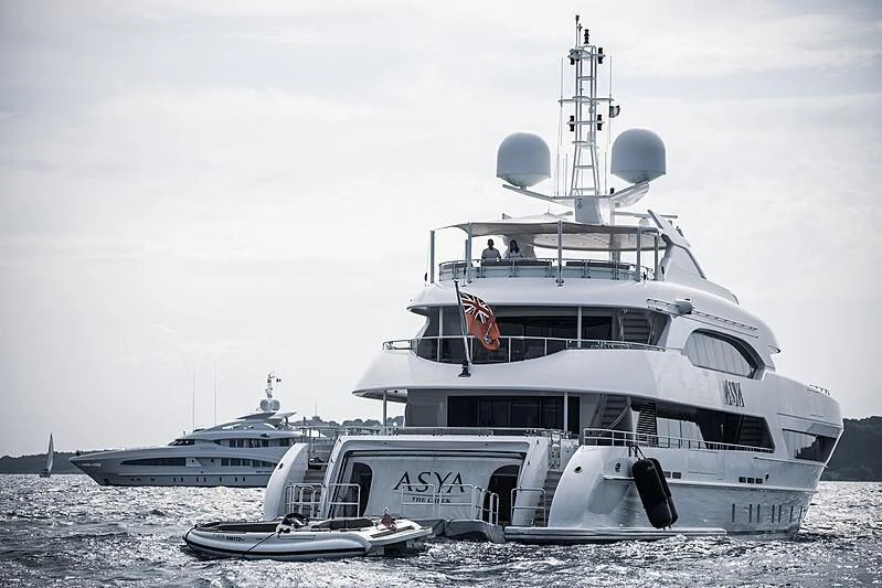 a large white boat with a smaller boat on it aboard ASYA Yacht for Sale