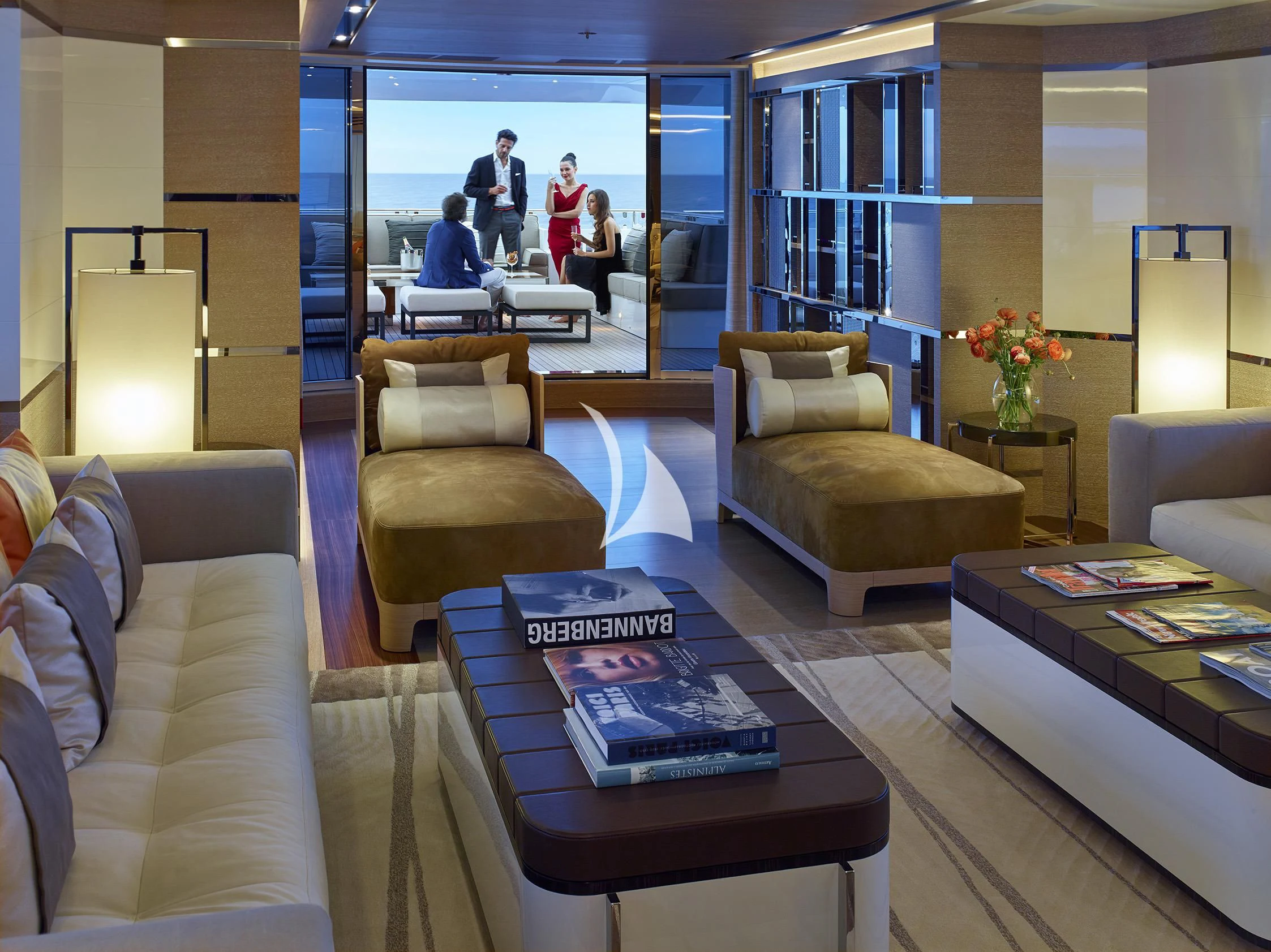 a living room with a glass door aboard ASYA Yacht for Sale