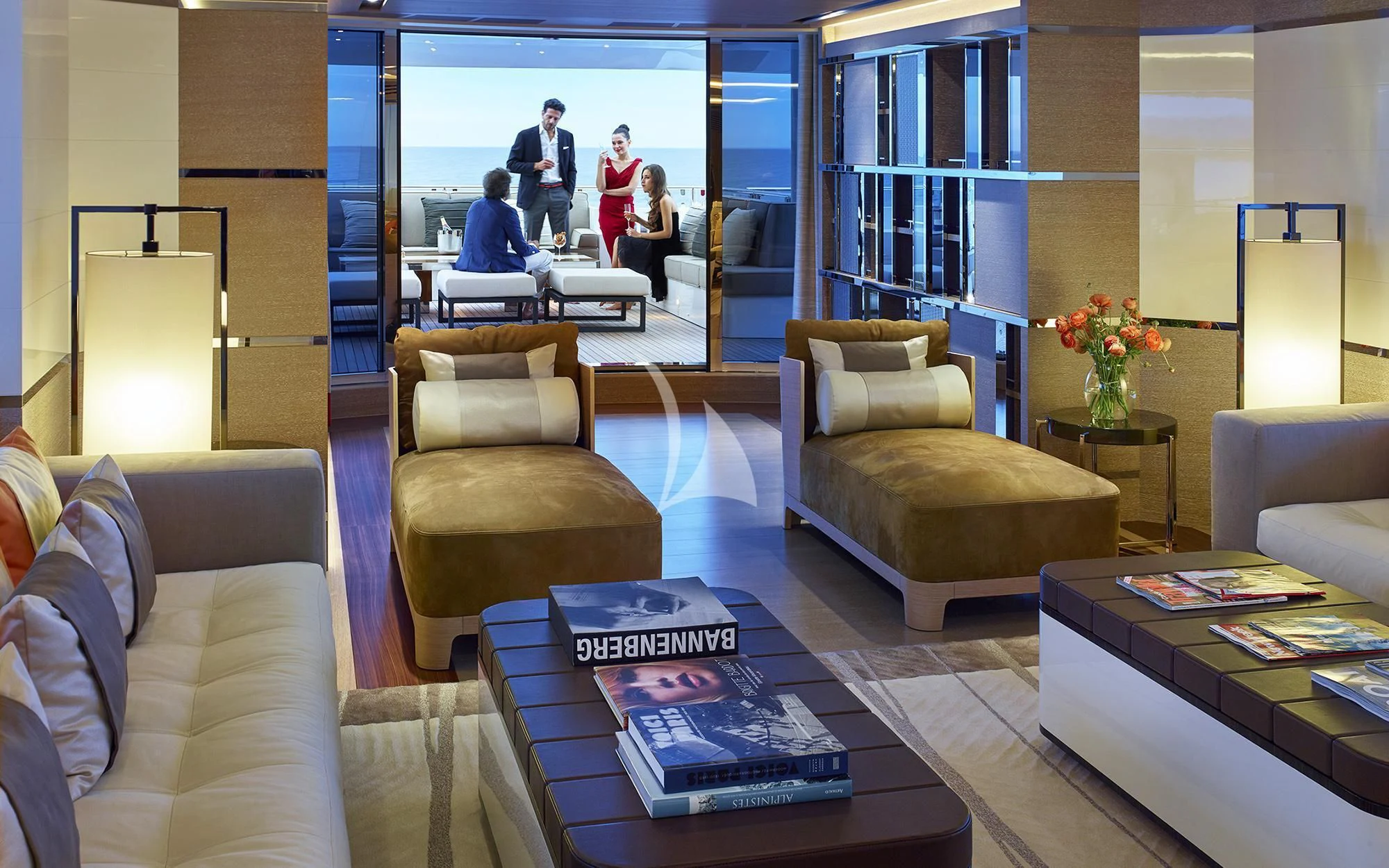 a living room with a glass door aboard ASYA Yacht for Sale
