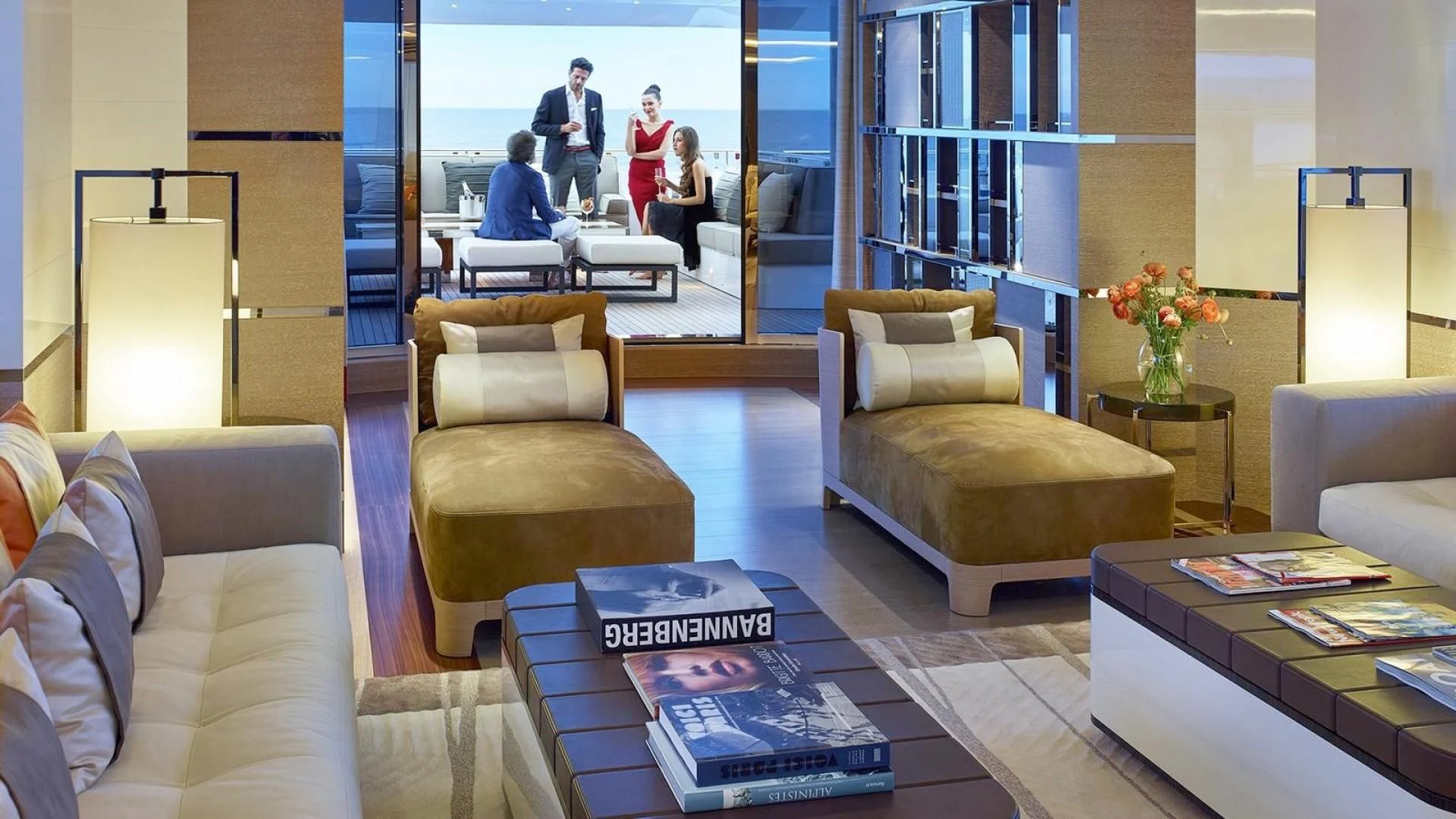 a living room with a glass door aboard ASYA Yacht for Sale