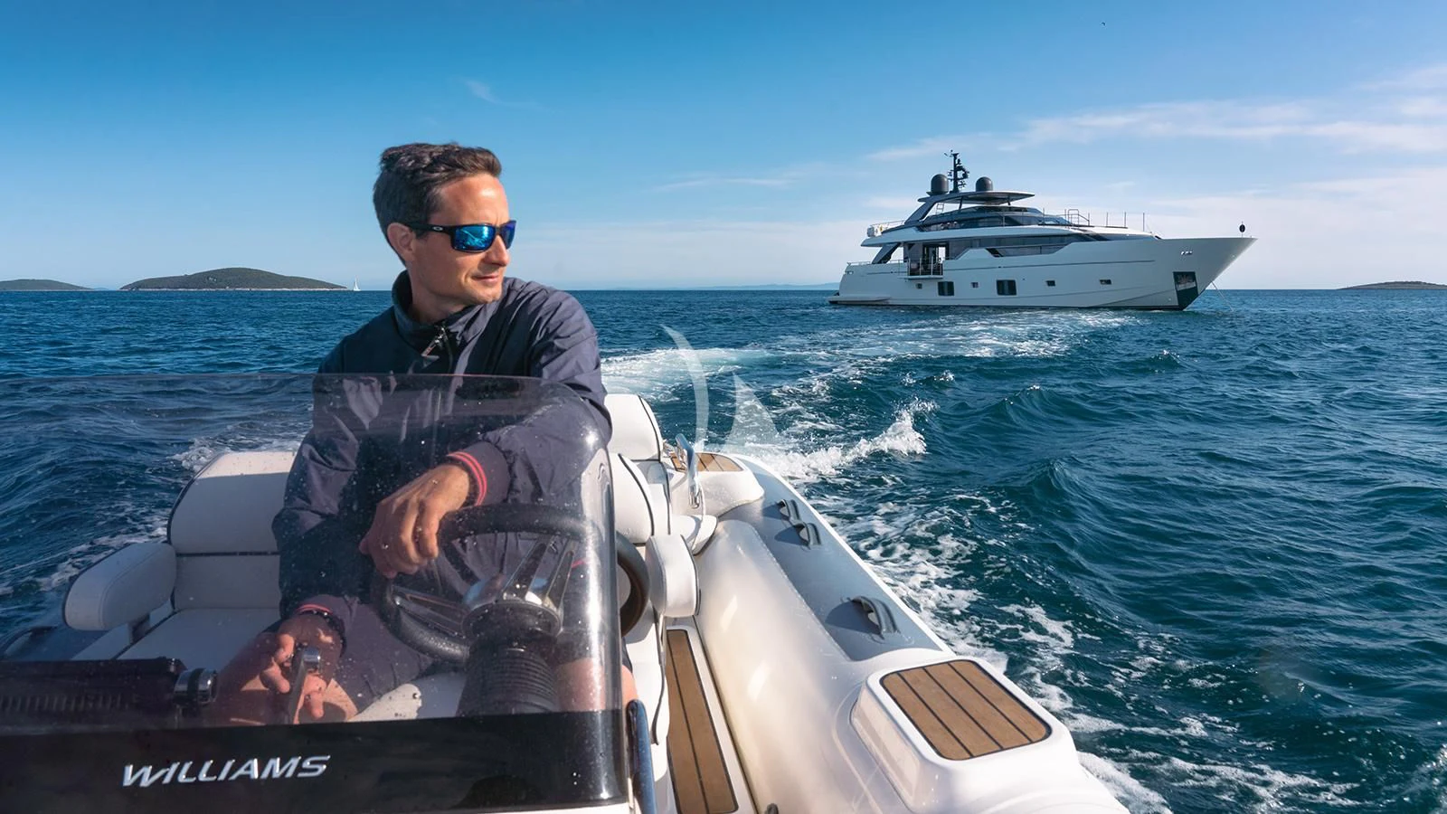 a person holding a baby on a boat in the water aboard JOURNEY Yacht for Sale