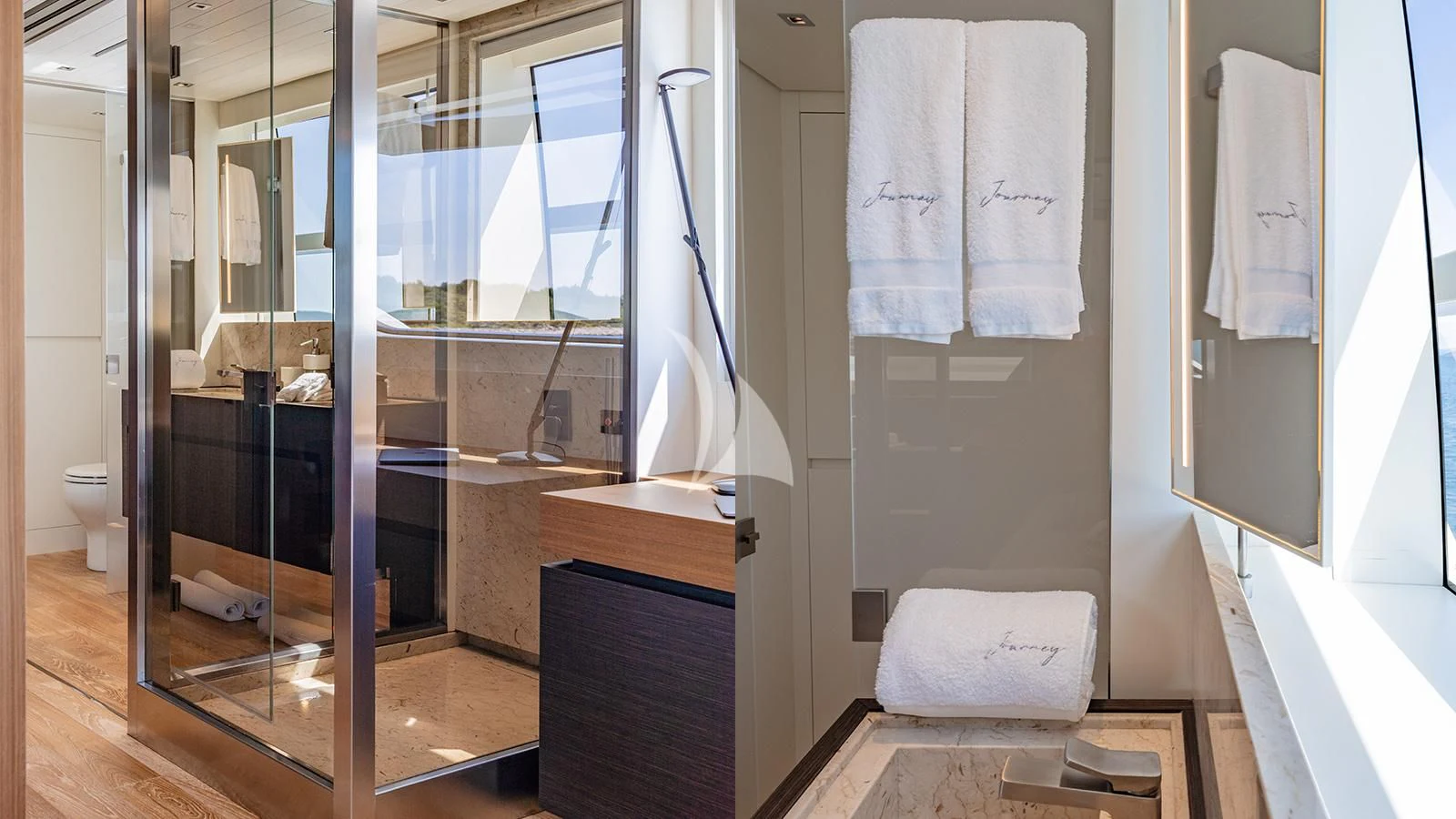 a bathroom with a sink and a mirror aboard JOURNEY Yacht for Sale